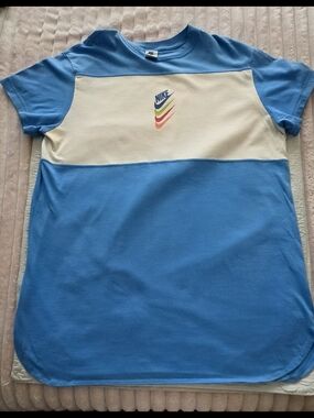 Nike Blue and White Panel Tee with Rainbow Swoosh